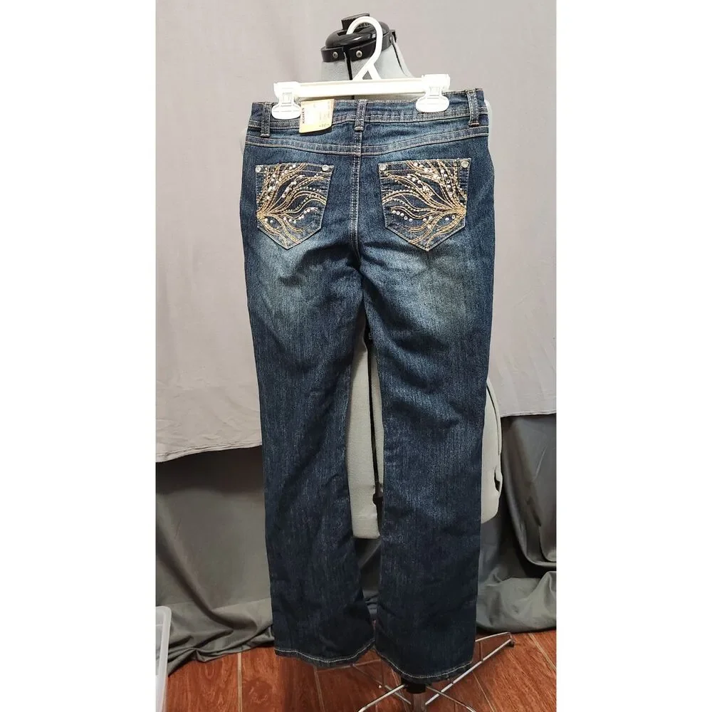 NEW Mudd dark wash bootcut jeans Y2K rhinestone embroidered embellishments sz 10